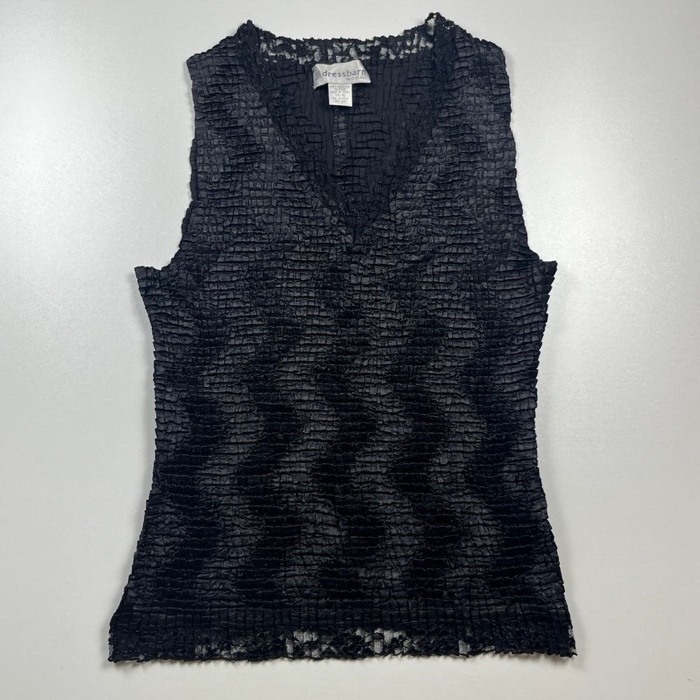 Dressbarn Popcorn Crinkle Lace Trim Sleeveless Top‎ Size 14/16 Black Y2K V-Neck